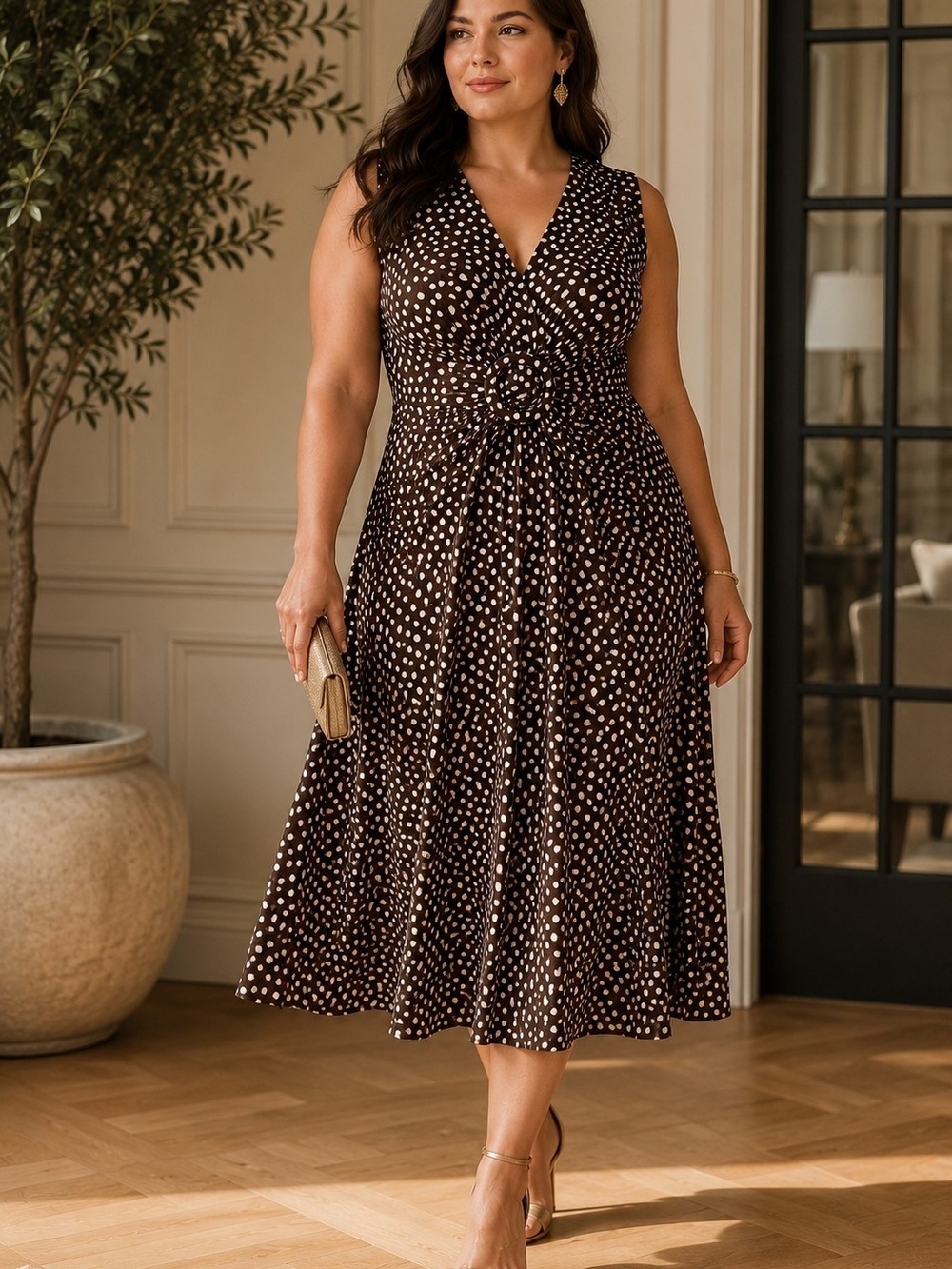 Penningtons Chocolate Brown Polka Dot Midi Dress Retro Pinup Cottagecore Office